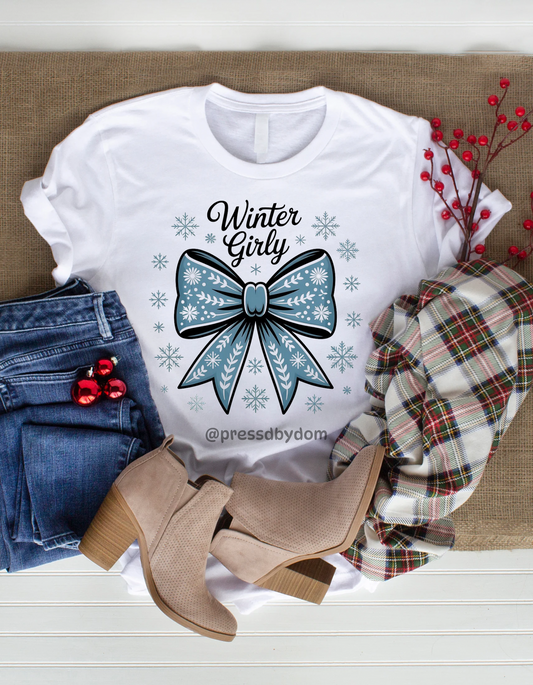 Winter Girly T-Shirt | Blue Bow Winter Aesthetic Tee | Cozy Snowflake Graphic Shirt | Press’d by Dom