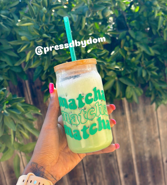 Matcha Glass Cup with Bamboo Lid & Straw | Aesthetic Iced Matcha Cup for Matcha Lovers