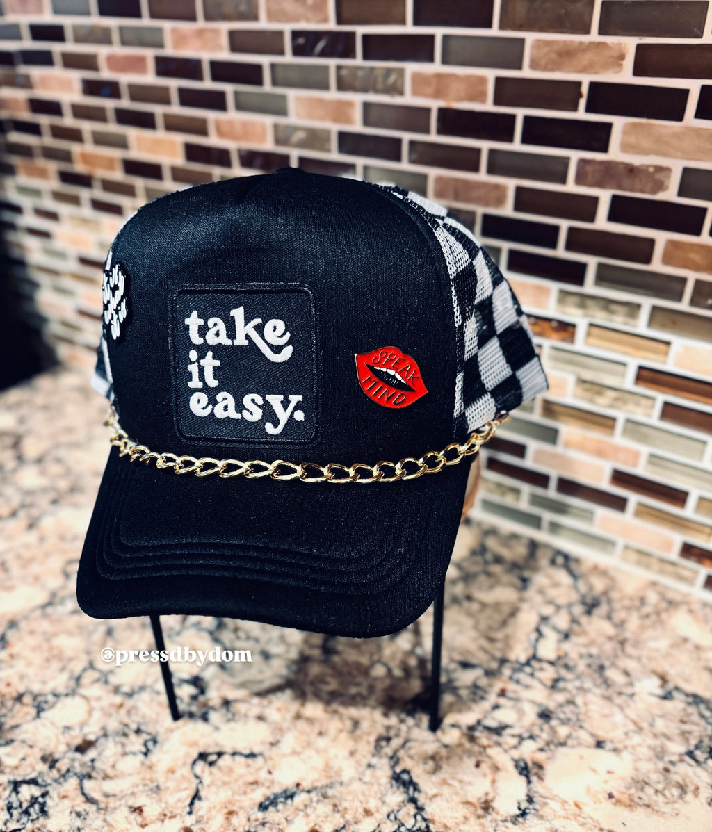 Take It Easy Trucker Hat | Black & White Checkered Mesh Snapback with Gold Chain