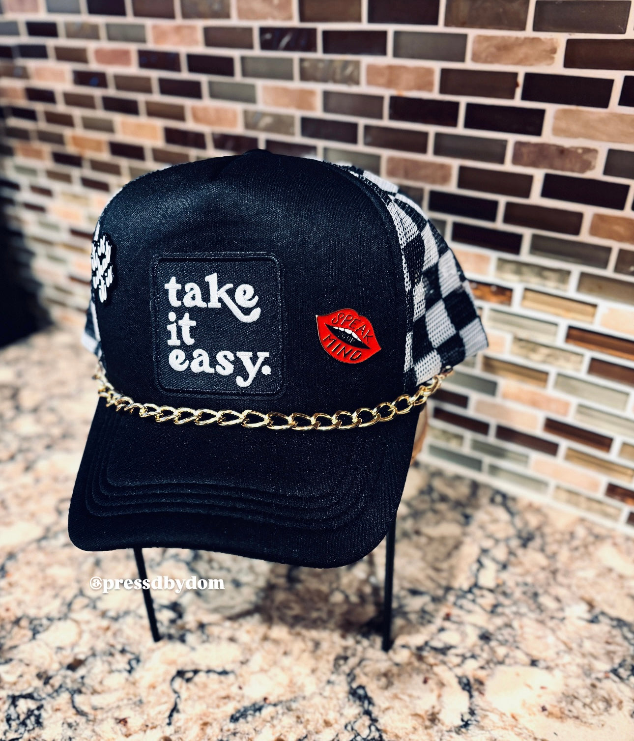Take It Easy Trucker Hat | Black & White Checkered Mesh Snapback with Gold Chain