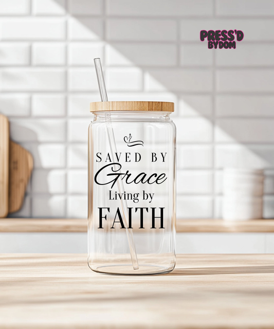 Saved By Grace Living By Faith Glass Cup | Christian Glass Can Cup with Bamboo Lid & Straw