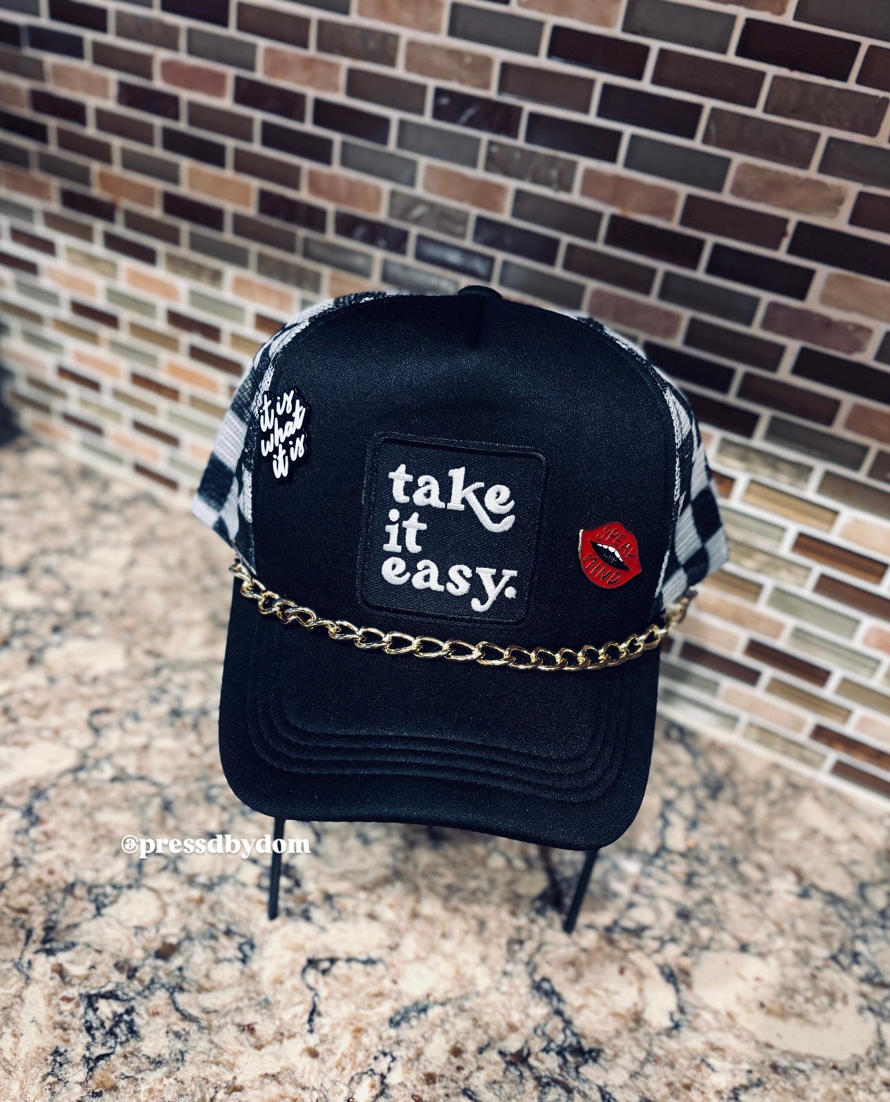 Take It Easy Trucker Hat | Black & White Checkered Mesh Snapback with Gold Chain