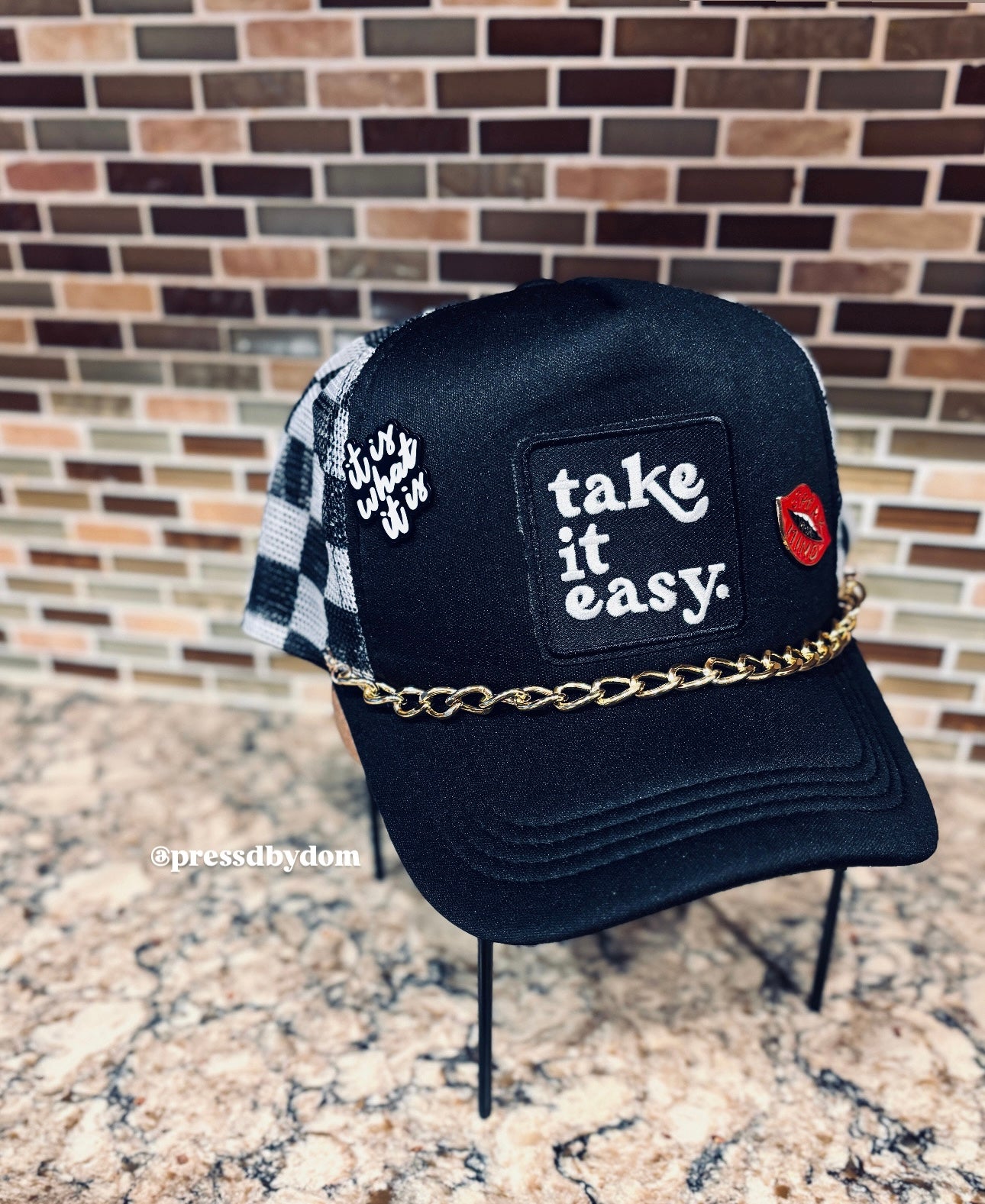 Take It Easy Trucker Hat | Black & White Checkered Mesh Snapback with Gold Chain