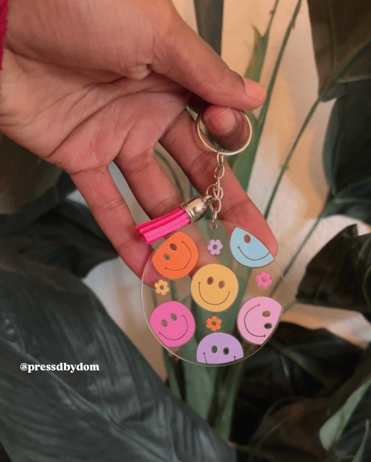 Colorful Smiley Face Keychain with Pink Tassel