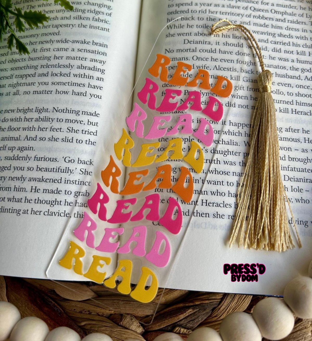 Colorful Groovy Retro READ Repeat Acrylic Bookmark with Tassel
