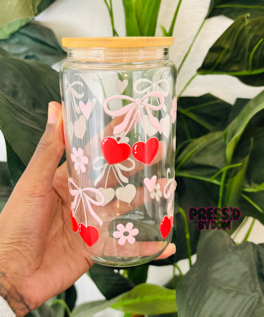Cherries & Bows Glass Cup | Soft Girl Aesthetic Iced Coffee Cup | Cute Girly Drinkware |16oz Glass Cup – PREORDER