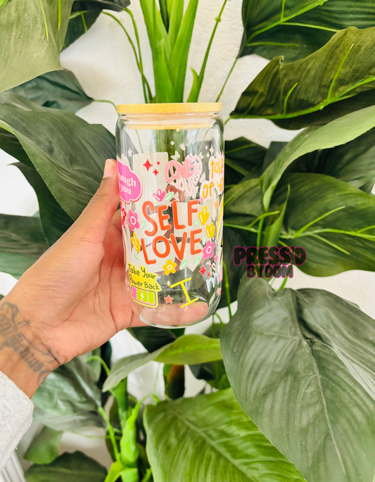 Self Love Motivational Glass Cup | Positive Affirmation Iced Coffee Cup | Colorful Mental Health Drinkware | 16oz Can Glass with Bamboo Lid