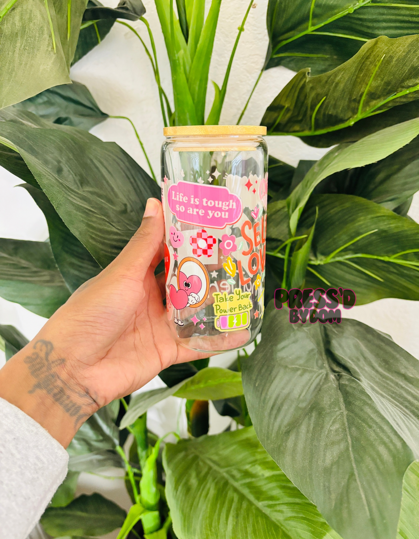 Self Love Motivational Glass Cup | Positive Affirmation Iced Coffee Cup | Colorful Mental Health Drinkware | 16oz Can Glass with Bamboo Lid