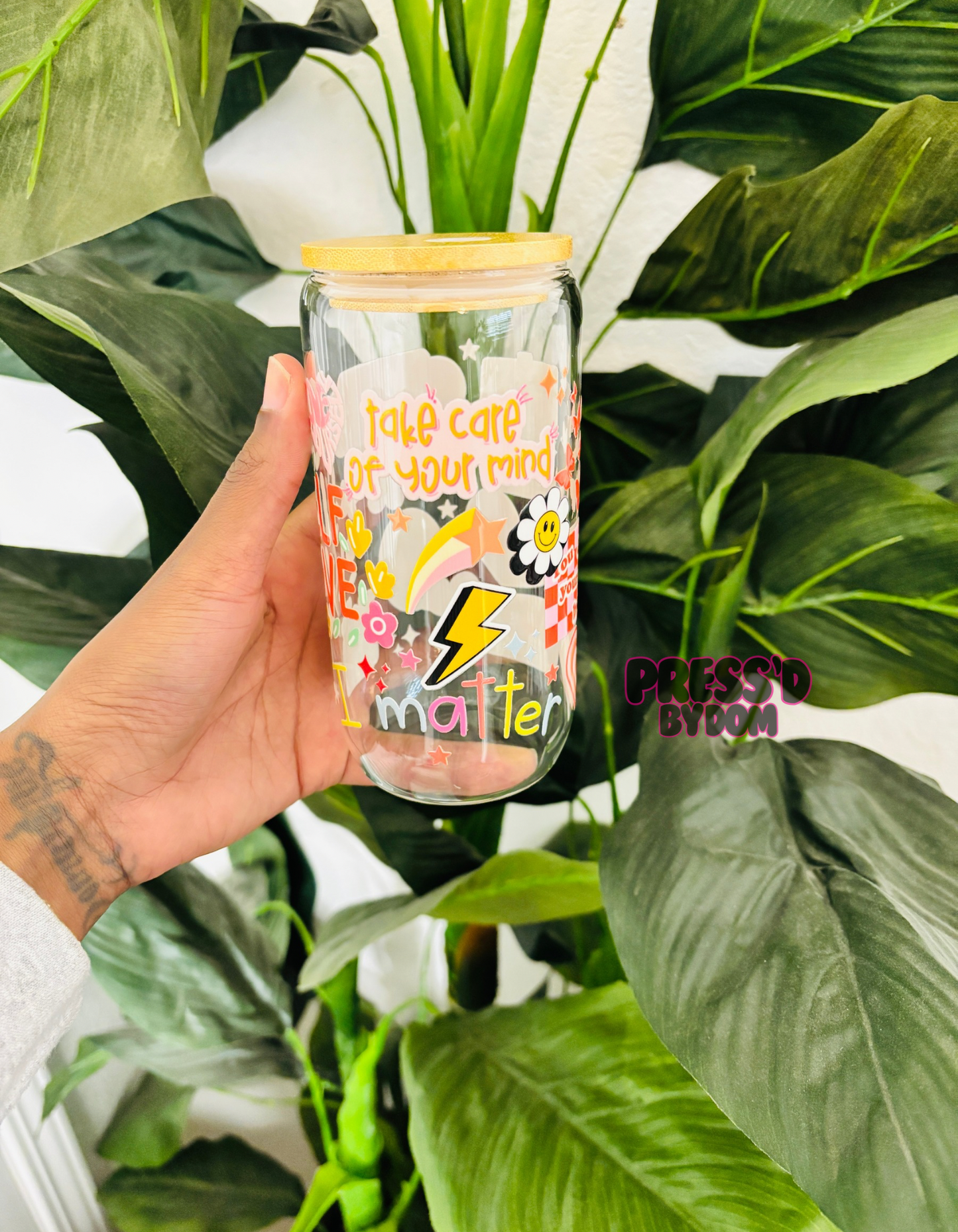 Self Love Motivational Glass Cup | Positive Affirmation Iced Coffee Cup | Colorful Mental Health Drinkware | 16oz Can Glass with Bamboo Lid