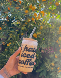 Funny iced coffee glass with bamboo lid and straw – coffee lover gift idea
