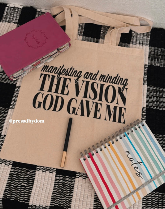 Manifesting and Minding the Vision God Gave Me tote bag with Bible and notebook – Press’d by Dom