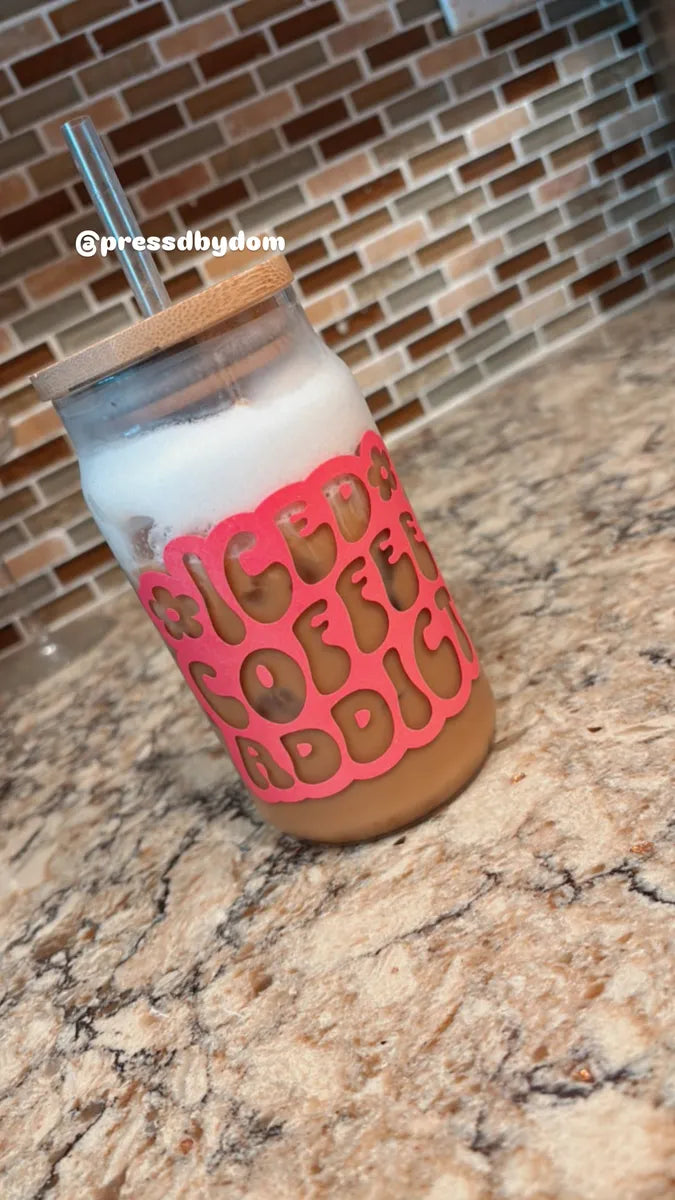 ✨ Iced Coffee Addict Glass Cup with Bamboo Lid & Straw
